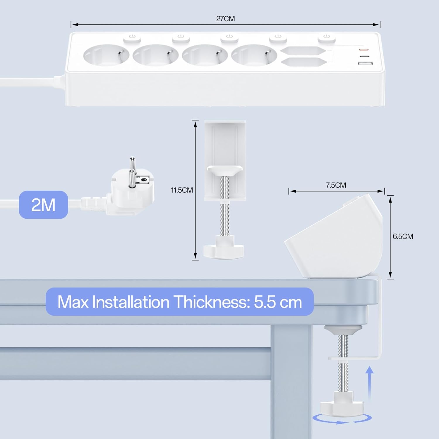 6 Fach Steckdosenleiste mit 3 USB PD 30W, Kemelo Mehrfachsteckdose mit Schalter