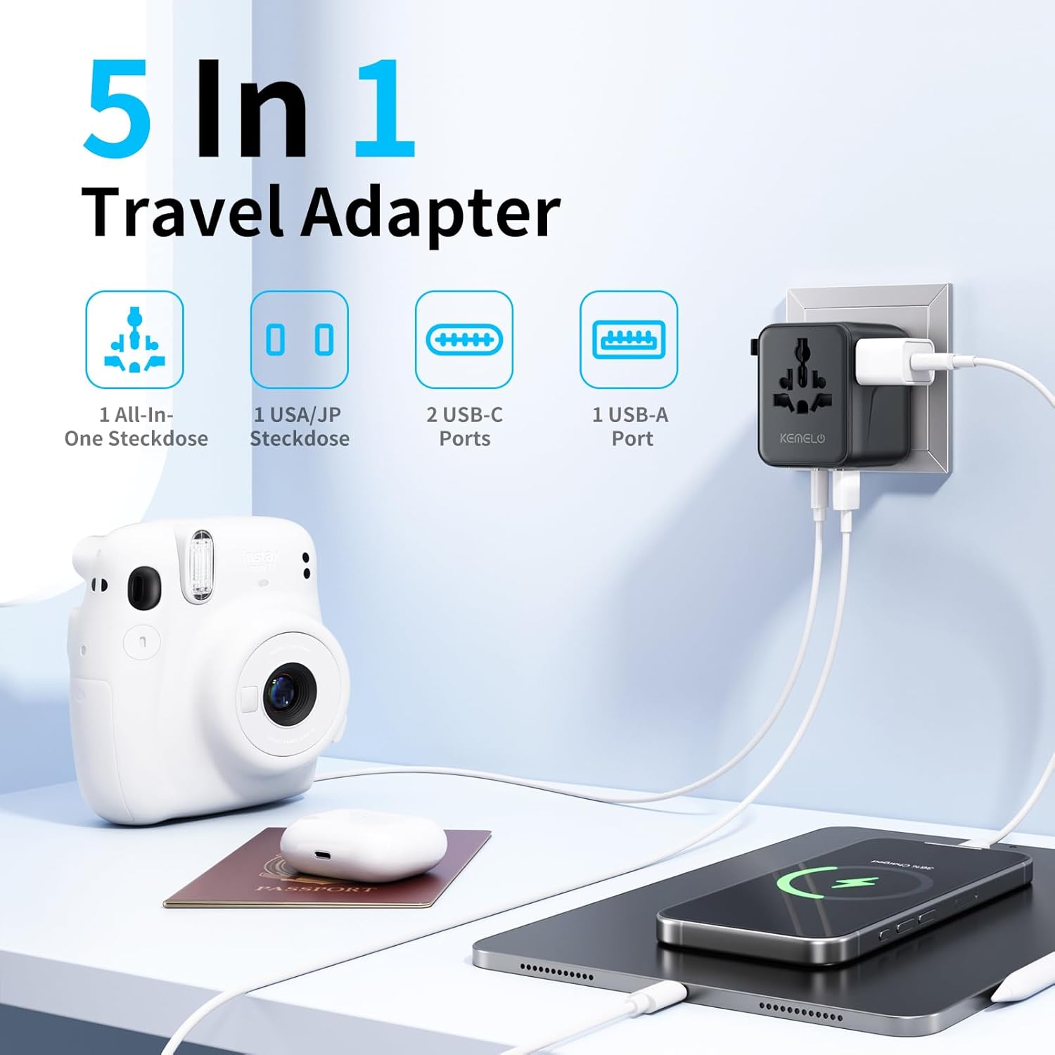 5 in 1 Reiseadapter Weltweit,Universal Adapter mit USB A