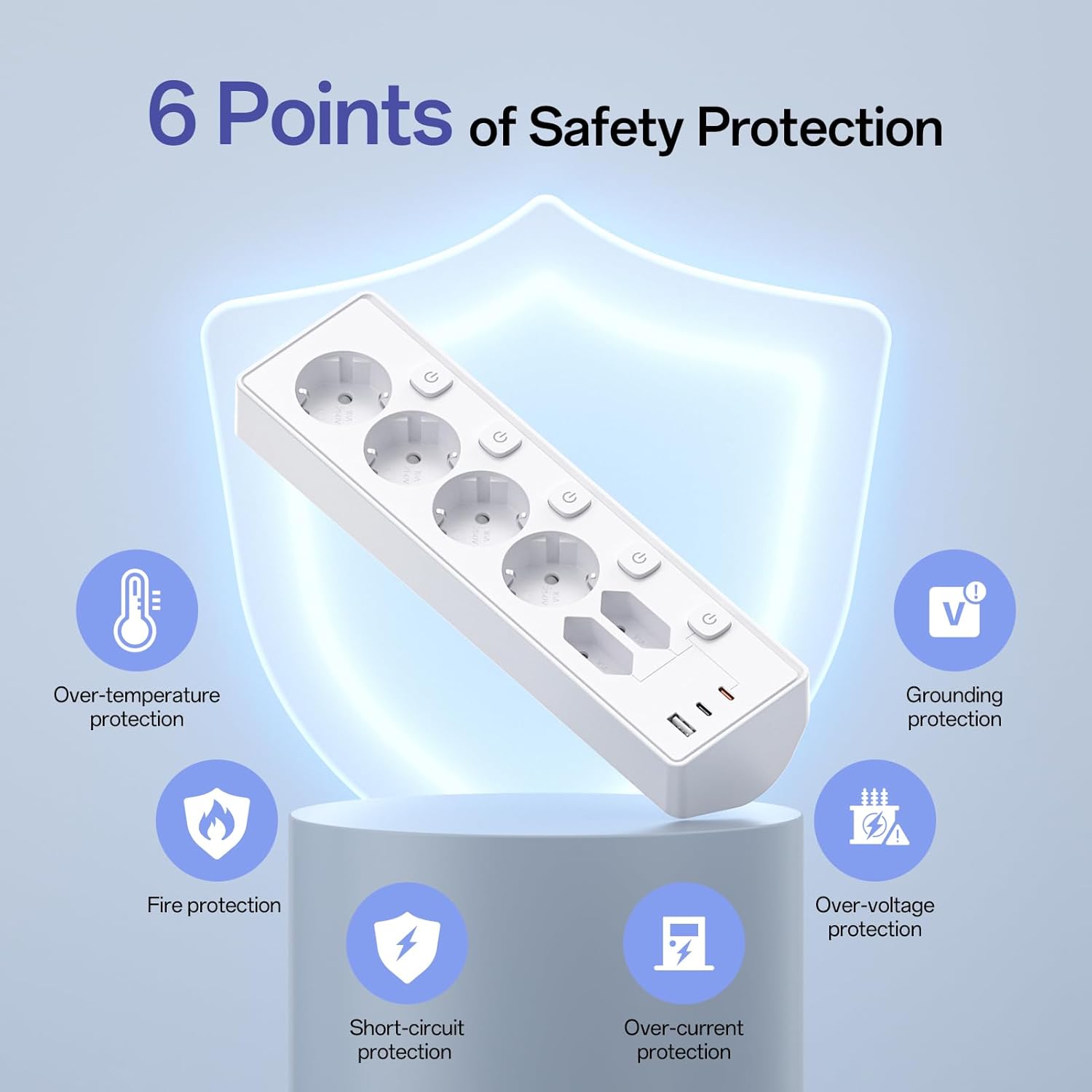 6 Fach Steckdosenleiste mit 3 USB PD 30W, Kemelo Mehrfachsteckdose mit Schalter