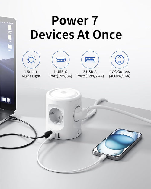 7 in 1 Steckdosenwürfel mit 3 USB, 4000W Mehrfachsteckdose Mit Schalter
