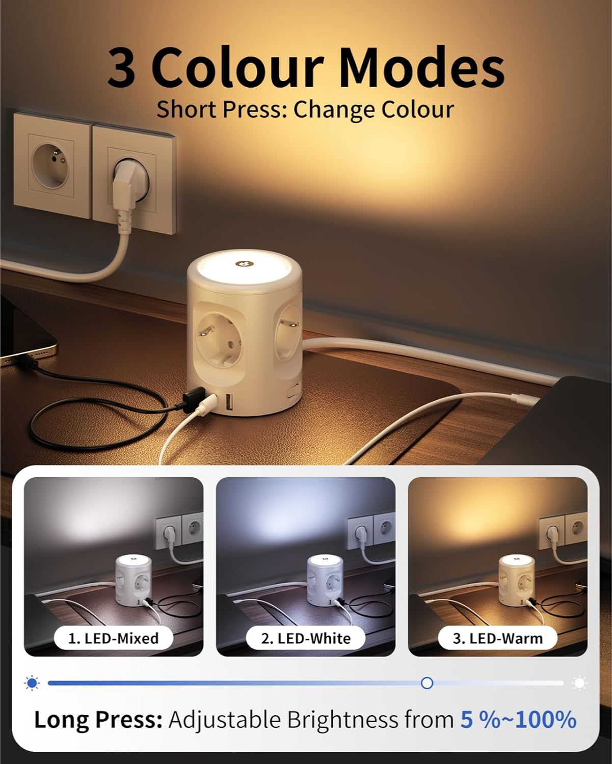 7 in 1 Steckdosenwürfel mit 3 USB, 4000W Mehrfachsteckdose Mit Schalter