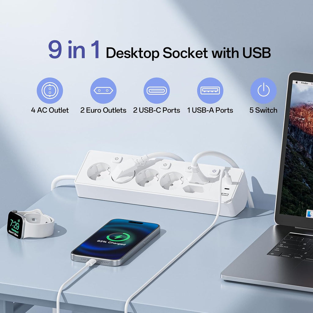 6 Fach Steckdosenleiste mit 3 USB PD 30W, Kemelo Mehrfachsteckdose mit Schalter